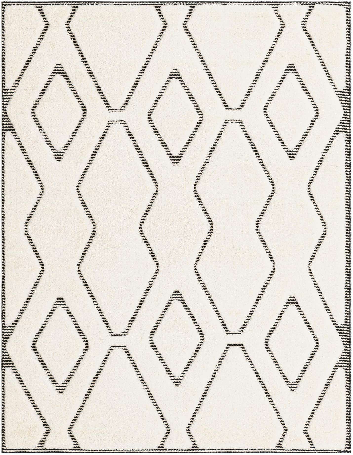 A 5x7 rectangular ivory and black rug with a textured geometric diamond pattern, suitable for a living room or bedroom.
