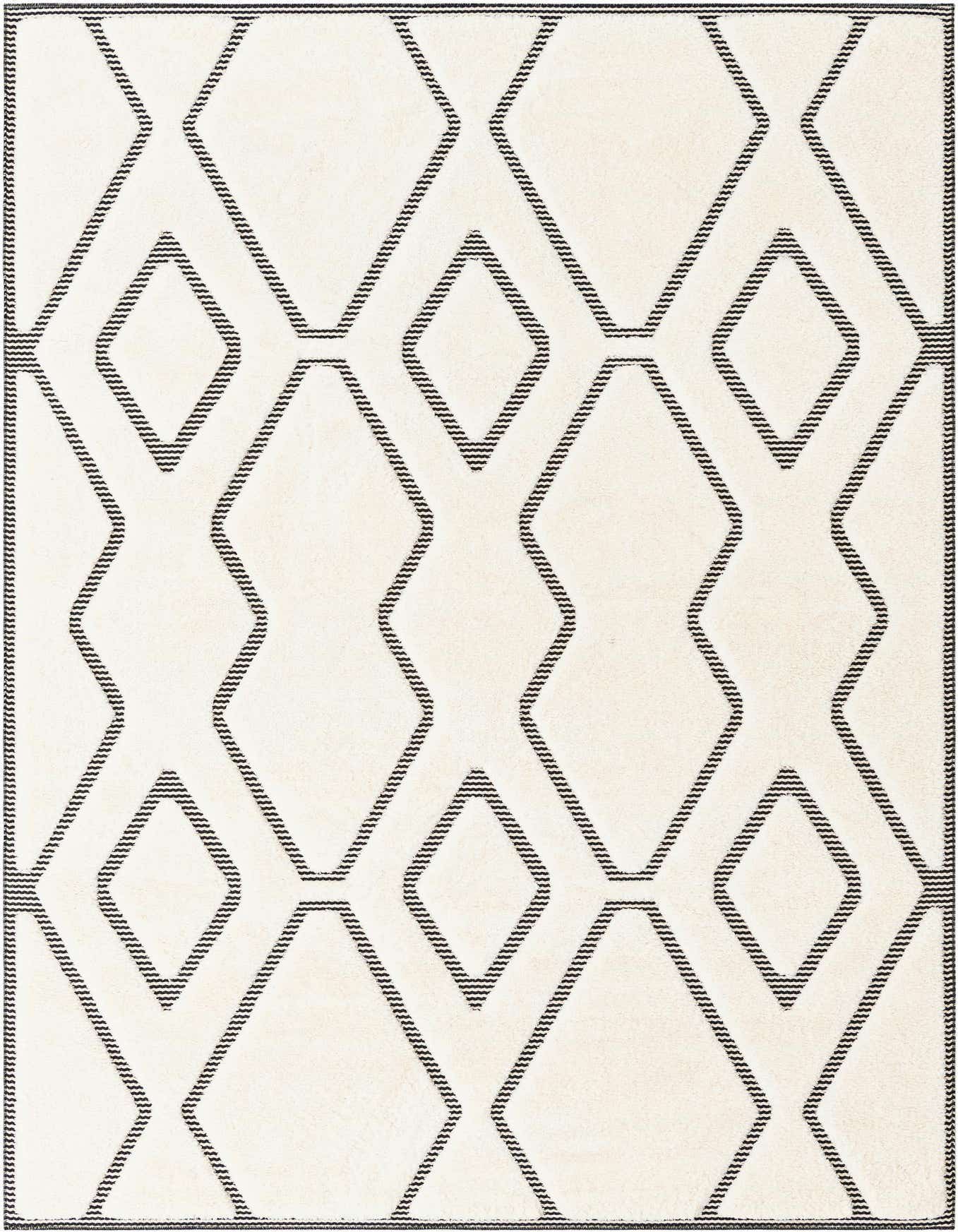 A 6x9 rectangular ivory and cream rug with a textured black geometric diamond pattern, suitable for a modern living room.
