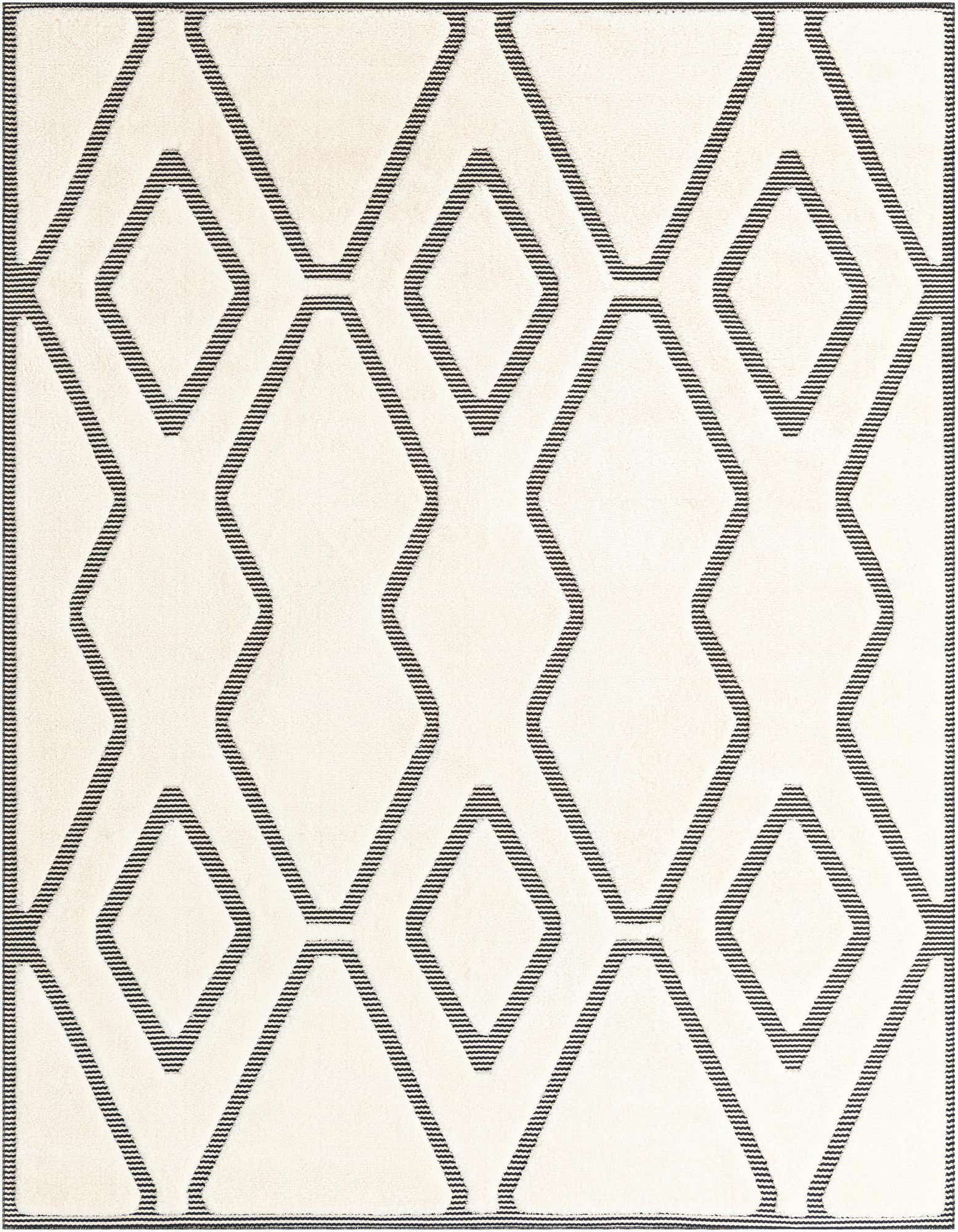 An 8x10 rectangular ivory and cream rug with a bold black geometric diamond pattern, featuring a textured medium pile.