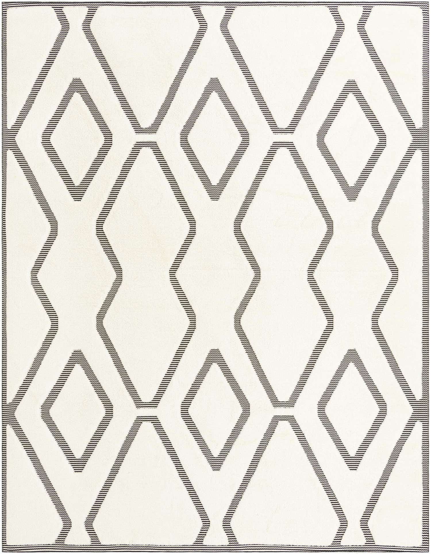 A 9x12 rectangular ivory and black rug with a bold geometric diamond pattern, perfect for a living room.