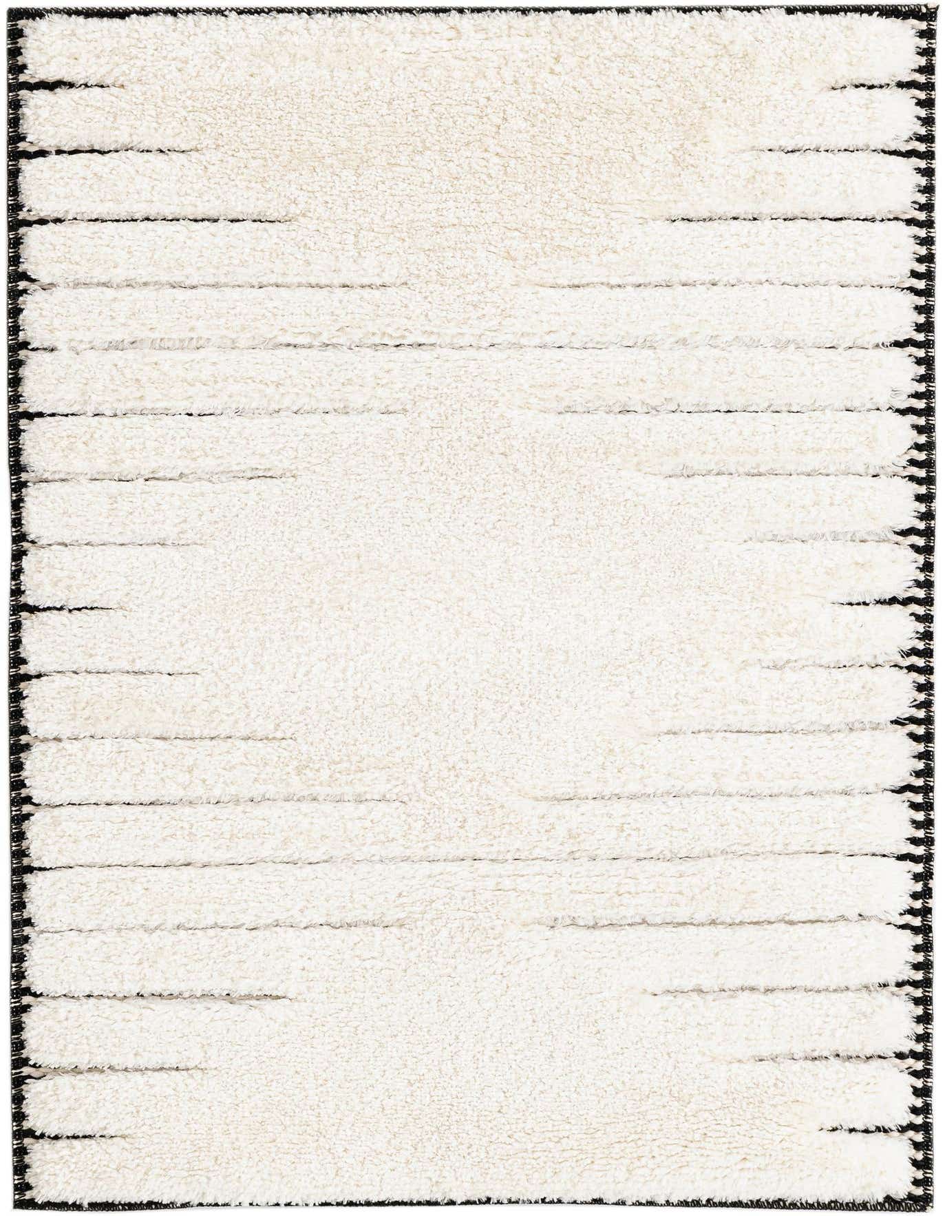A 2x3 rectangular ivory rug with a textured, medium pile and subtle horizontal black stripes along the edges, perfect for an indoor living space.