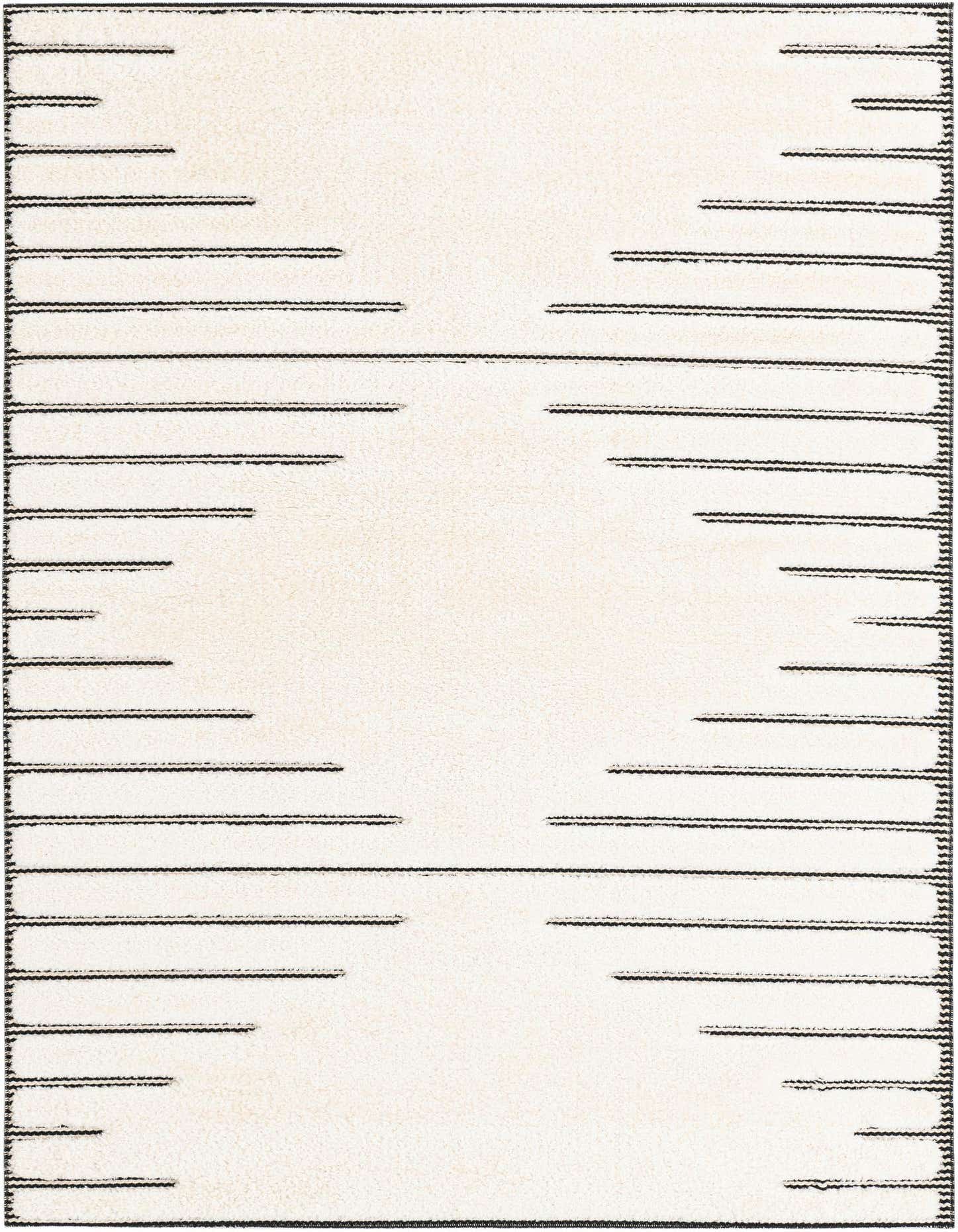 A 5x7 rectangular ivory and cream area rug with a textured, high pile and abstract black horizontal line pattern.