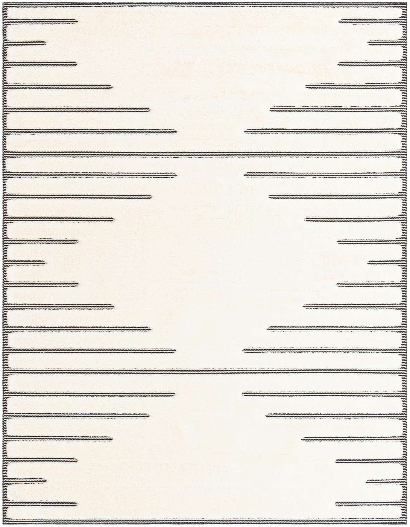 A 6x9 rectangular ivory rug with a textured medium pile and a modern abstract pattern of horizontal black lines.