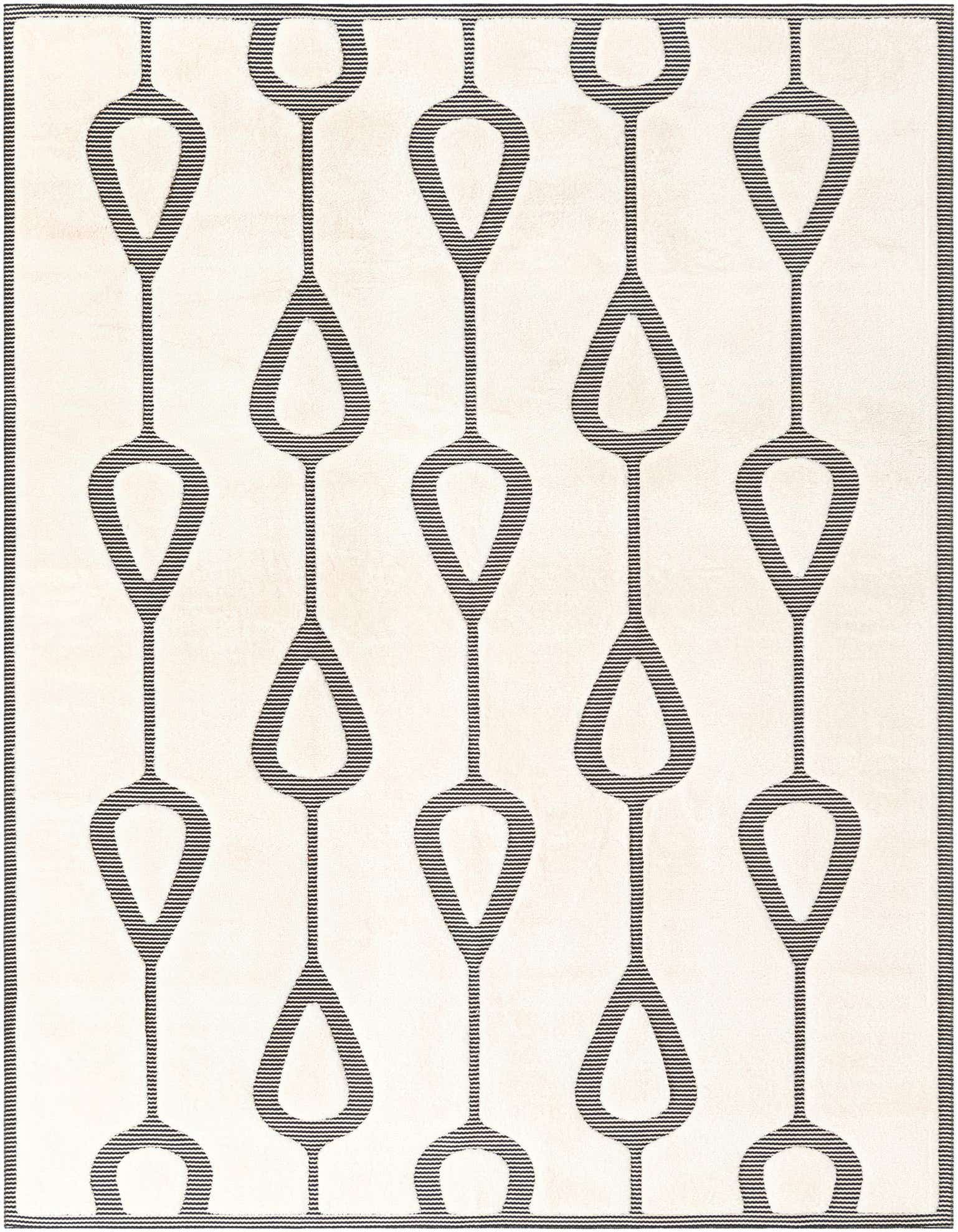 A 9x12 rectangular ivory area rug featuring a repeating pattern of connected black striped teardrop and U-shapes.