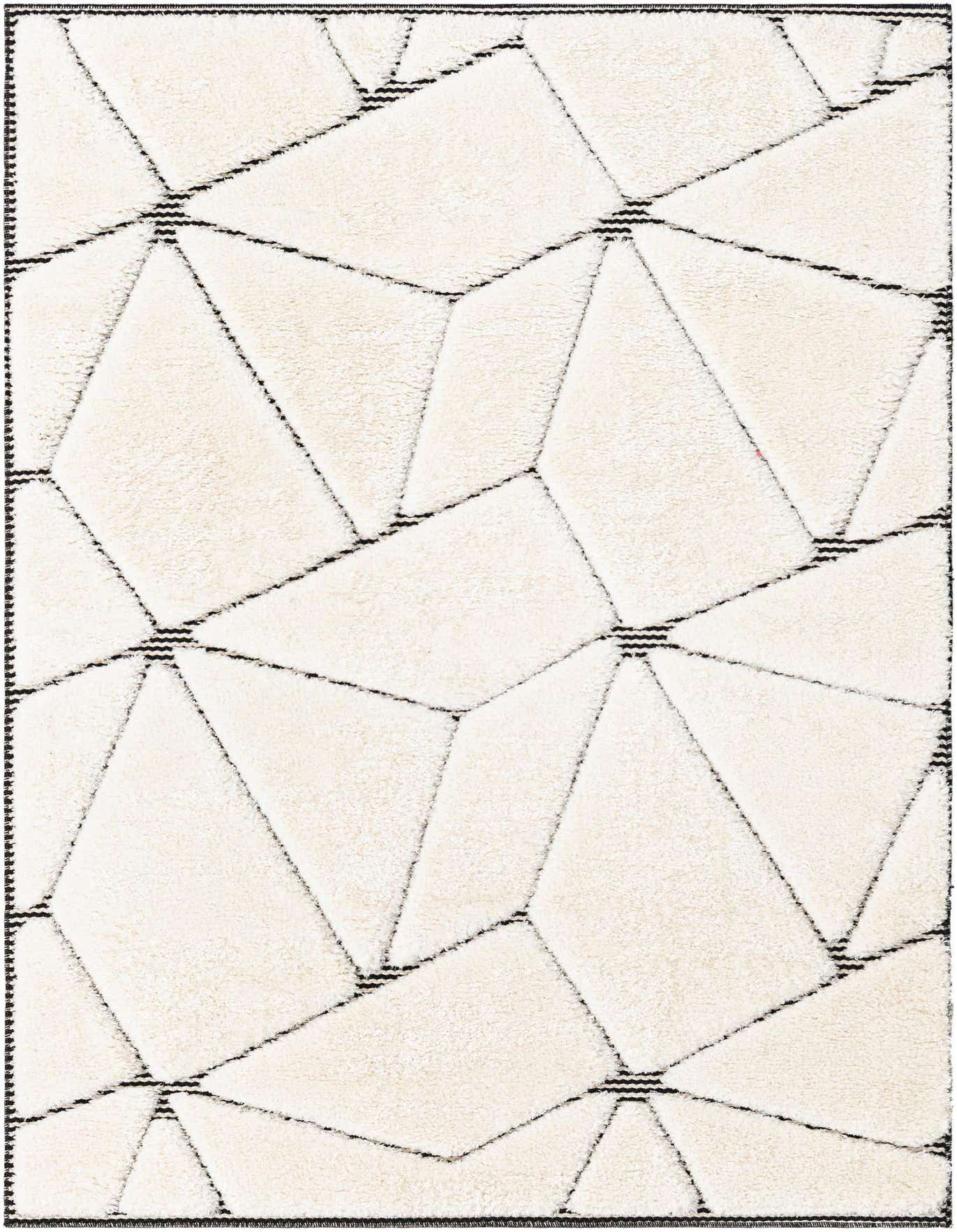 A 4x6 rectangular ivory area rug with a textured geometric pattern outlined in black, featuring a medium pile.