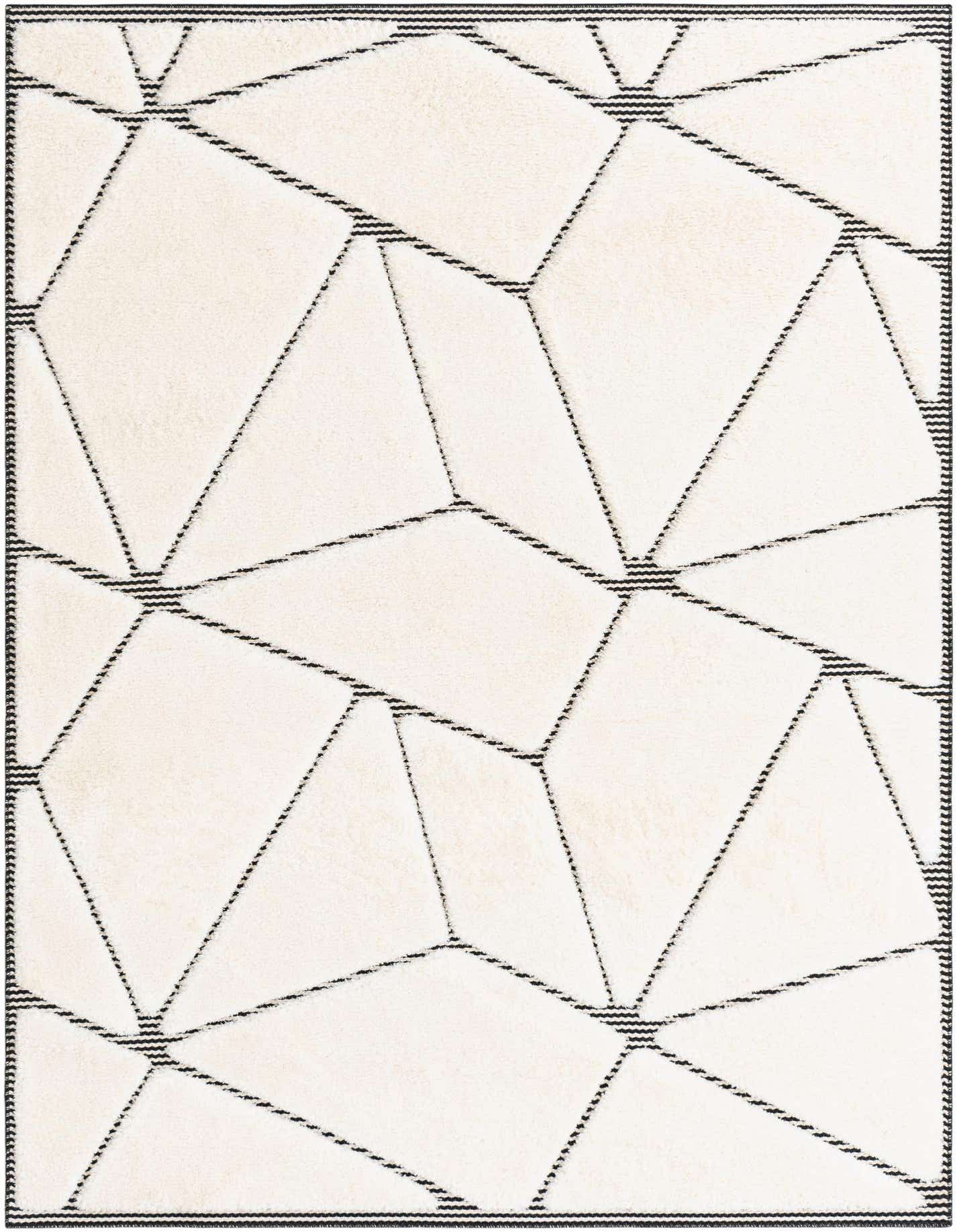 A 5x7 rectangular ivory and cream area rug with a modern geometric pattern of black lines, suitable for a living room or bedroom.