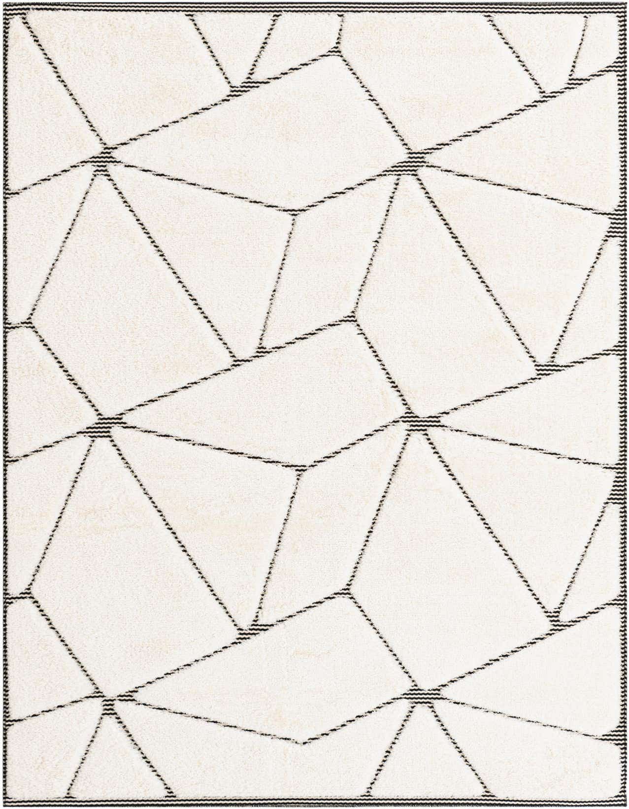 A 5x8 rectangular ivory area rug with a textured geometric pattern of black lines, suitable for a modern living room.