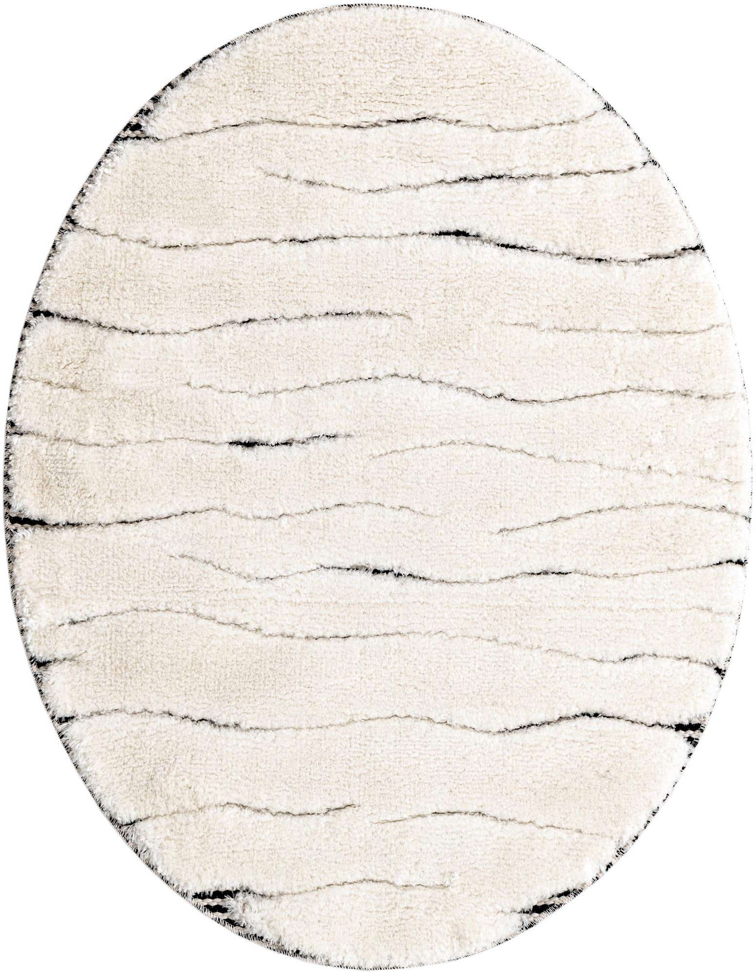 A round ivory and cream rug with a textured, high pile and subtle black wavy stripes, suitable for a living room or bedroom.