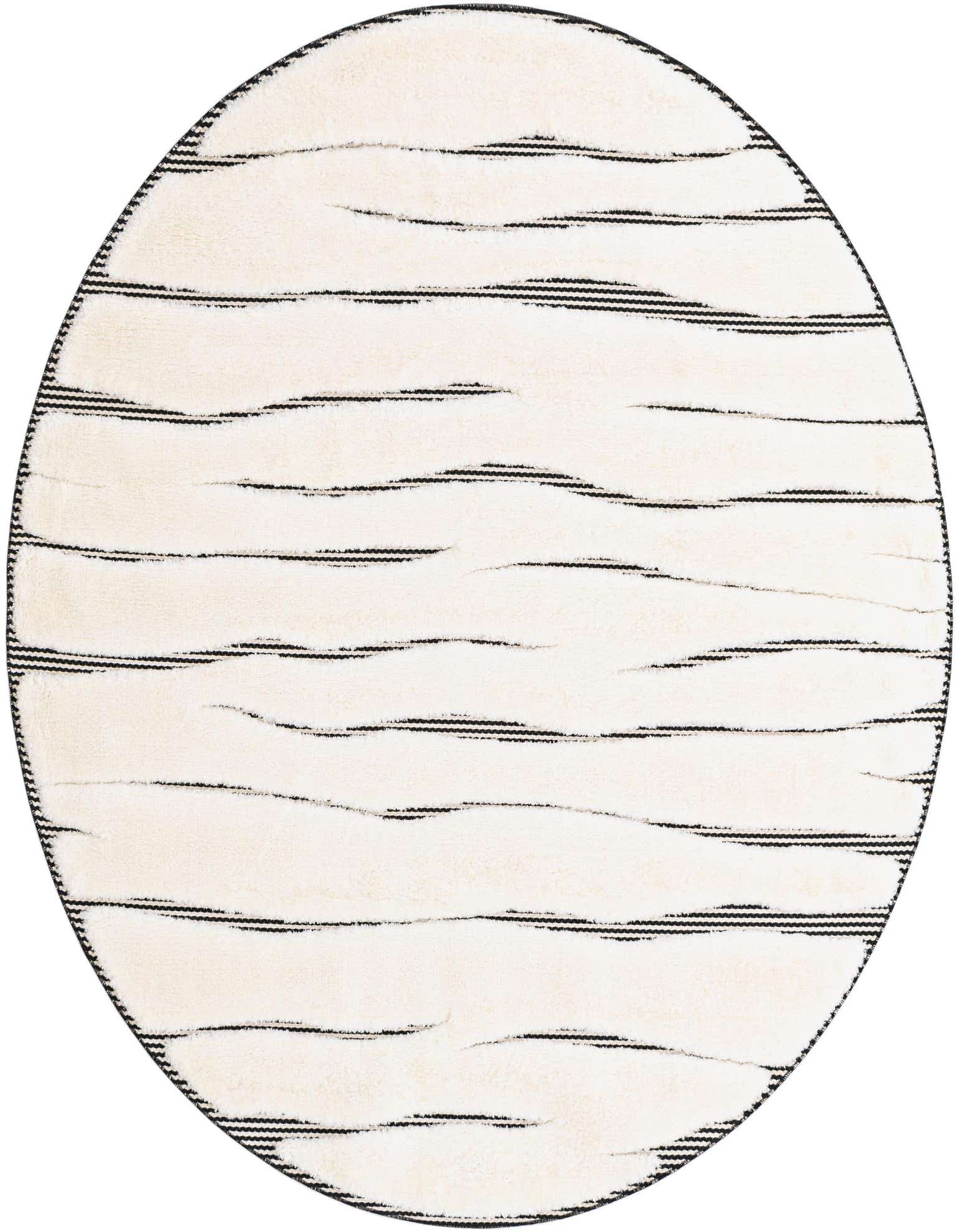 A round ivory rug with horizontal black textured stripes, suitable for a living room or bedroom.
