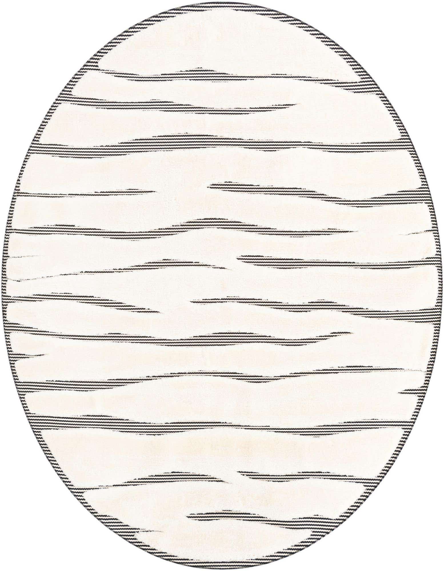 A round ivory and cream rug with horizontal black textured stripes, perfect for an indoor living space.