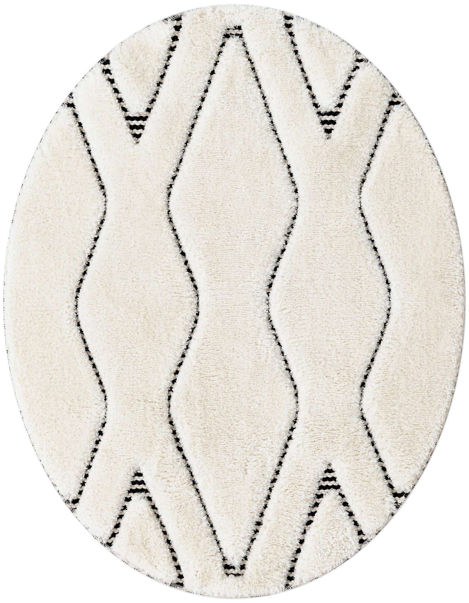 A round ivory and cream rug with a textured medium pile, featuring a bold black geometric zigzag pattern.