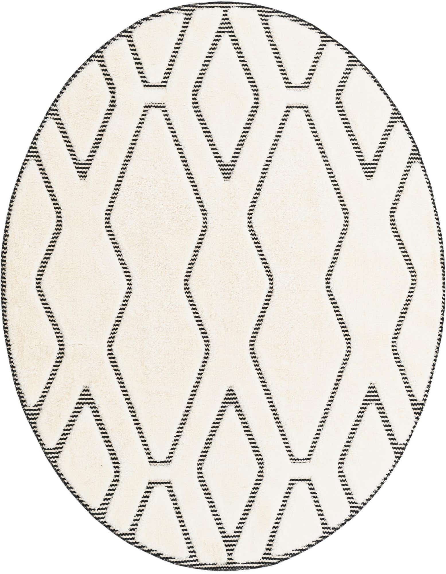A round ivory and cream rug with a textured black geometric diamond and zigzag pattern, suitable for a living room or patio.