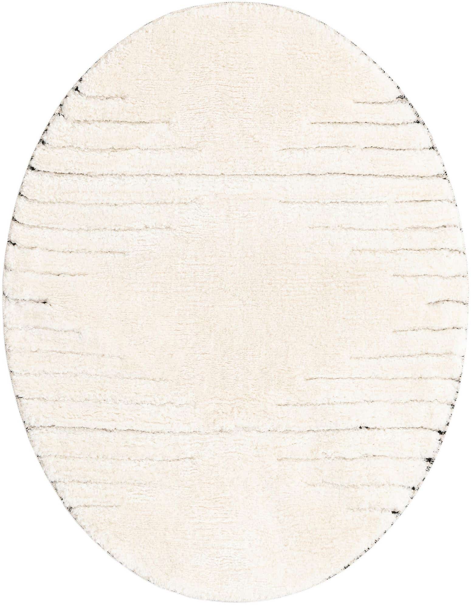 A 3' round ivory and cream rug with a textured, high pile and subtle horizontal lines.
