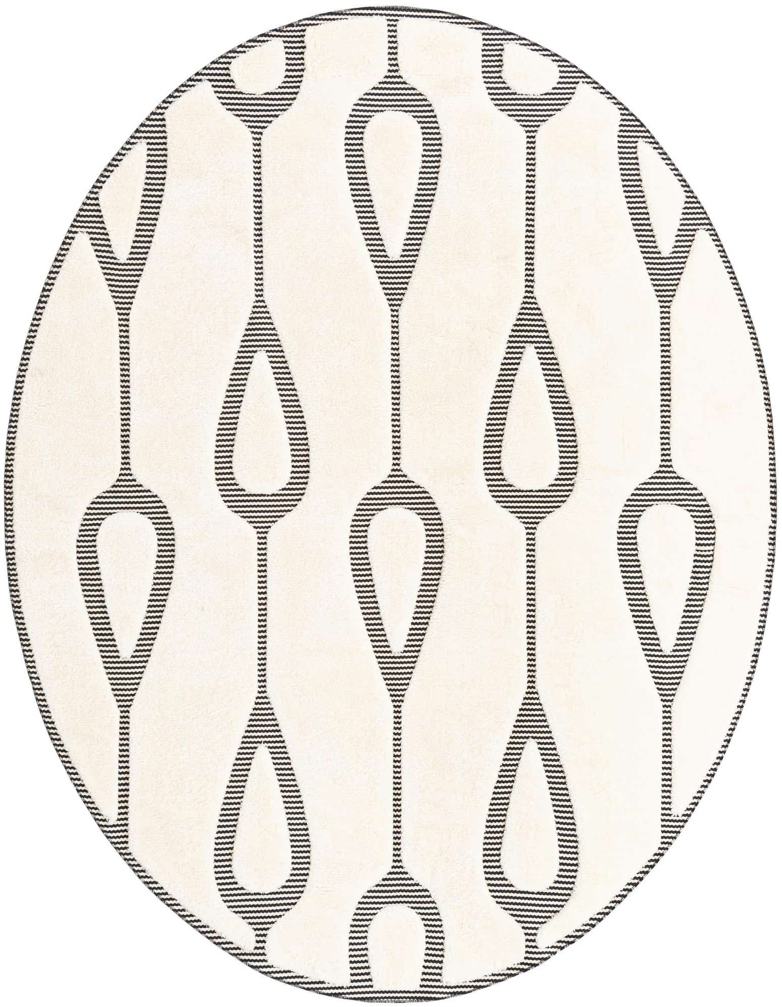 A round ivory rug with a repeating pattern of black, wavy, teardrop-like shapes connected by lines, creating a modern geometric design.