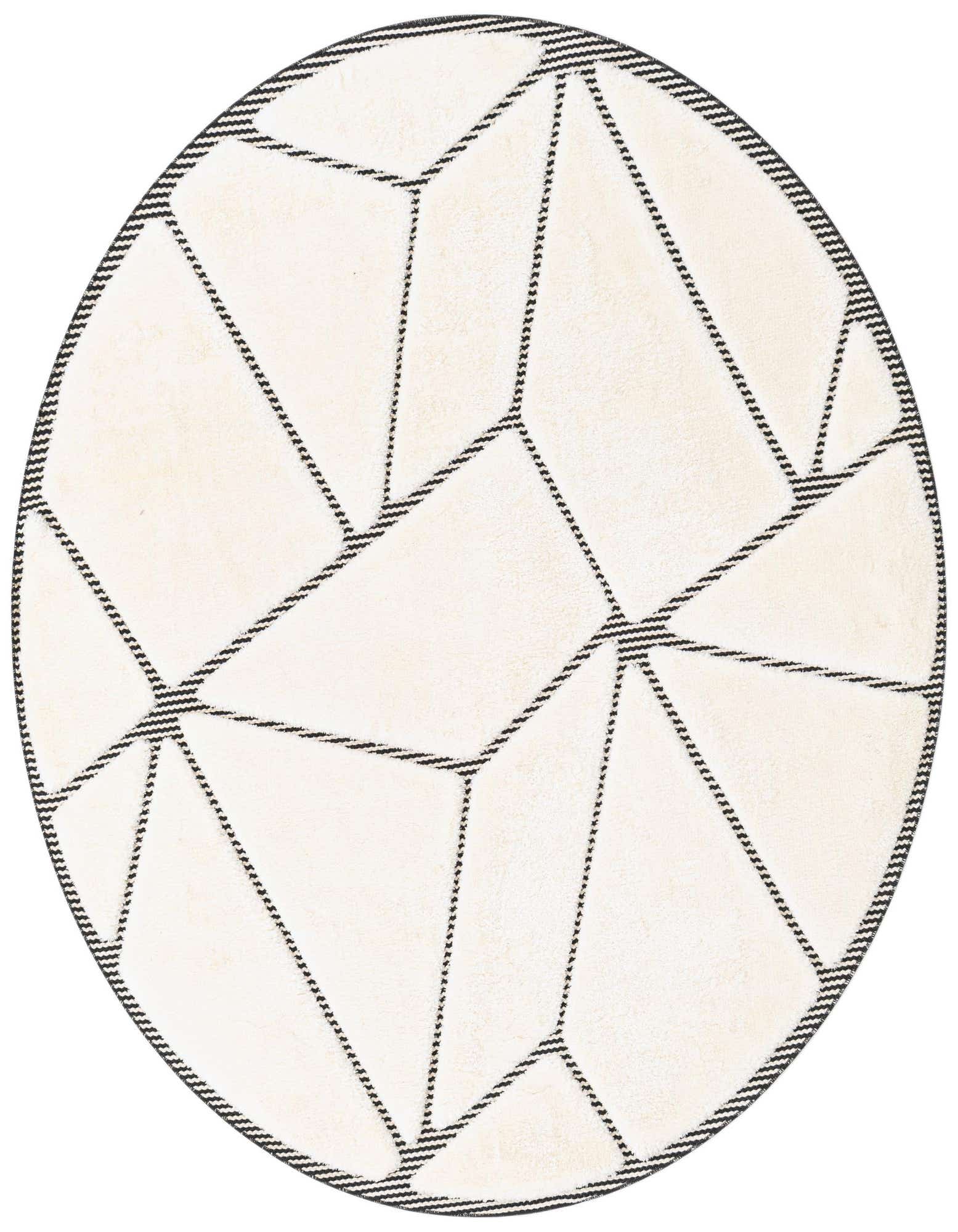 A 6' round ivory and cream rug with a modern geometric pattern of black lines, suitable for indoor spaces.