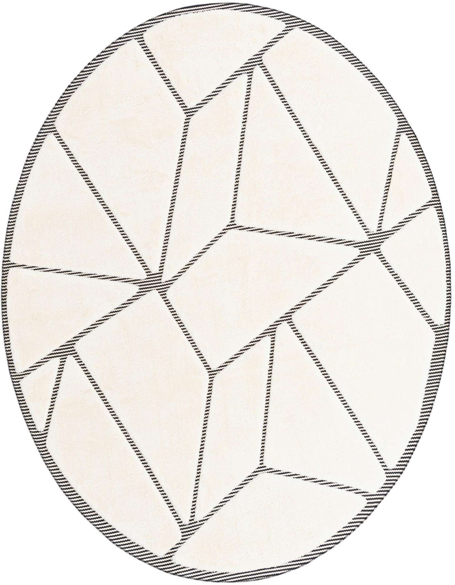 A round ivory and cream rug with a modern geometric pattern of thin black lines, suitable for a living room or patio.