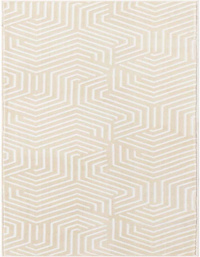 A 6 ft runner rug featuring a modern geometric pattern of white lines on an ivory and cream background, ideal for a hallway.