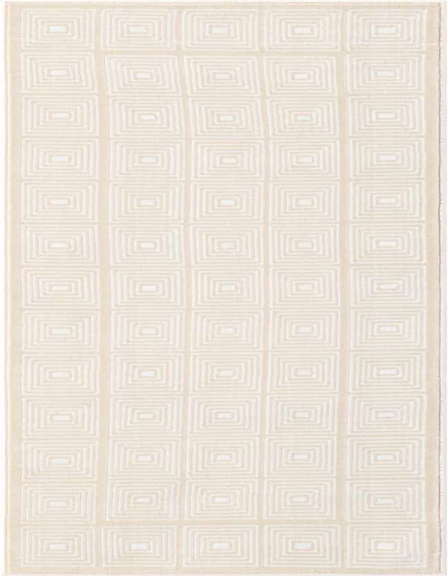 A 6 ft runner rug in ivory and cream, featuring a repeating geometric square pattern, ideal for a hallway or kitchen.