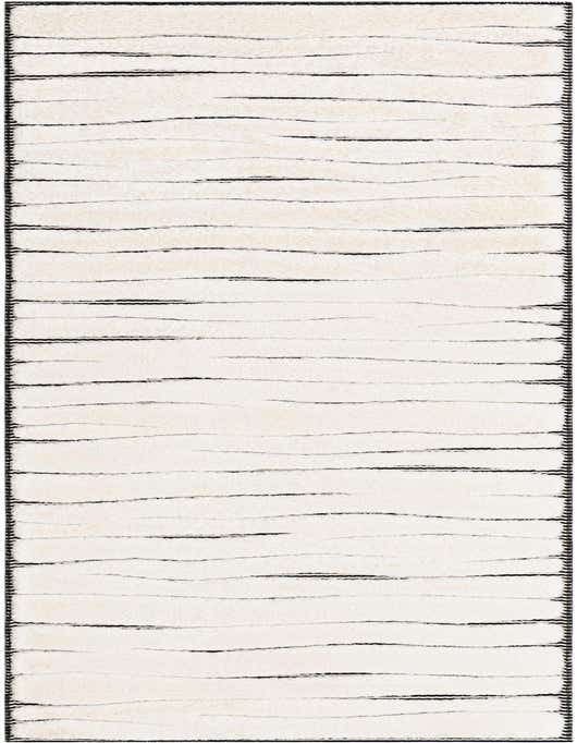 A 10 ft runner rug with a cream and ivory background featuring horizontal, wavy black lines, ideal for a hallway.