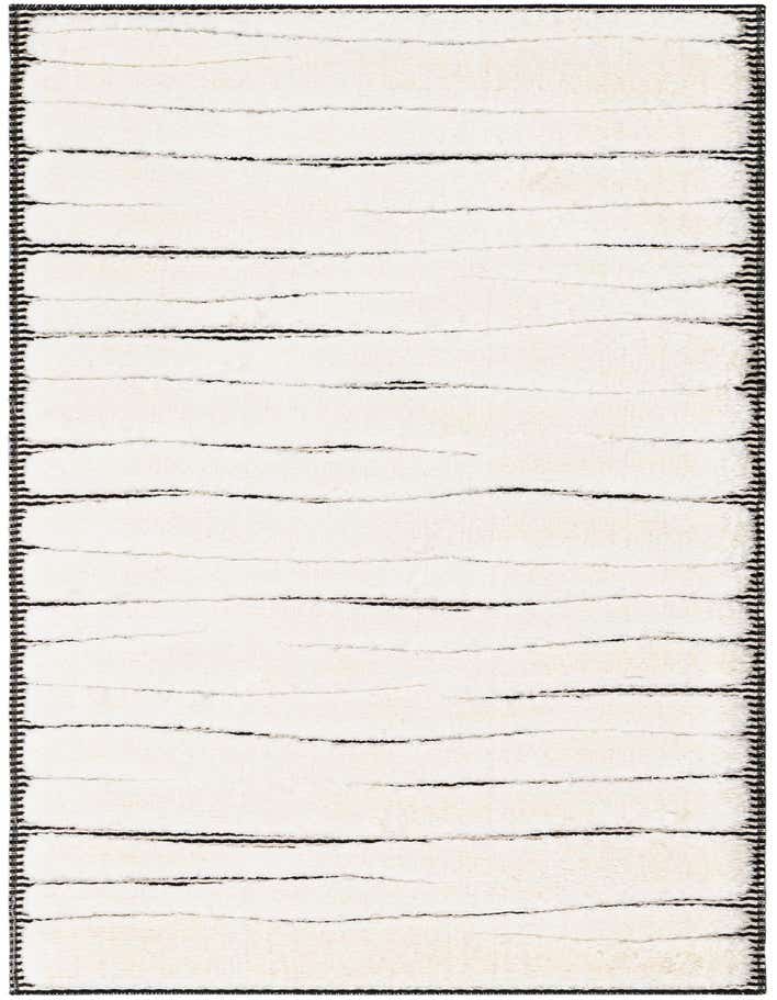 A 6 ft runner rug with a cream and ivory background, featuring horizontal textured black stripes and a black border.