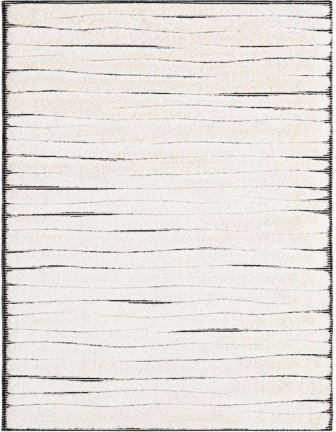 An 8 ft runner rug in ivory and cream with subtle black wavy horizontal lines and a textured medium pile.