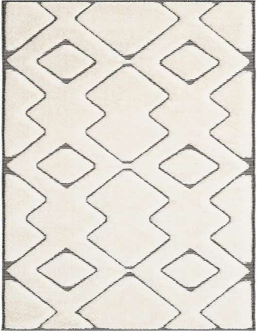 A 10 ft runner rug in ivory with a textured black geometric diamond pattern, suitable for a hallway.