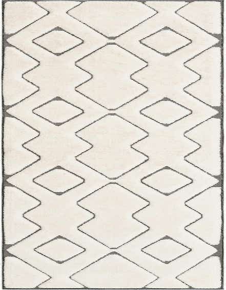 A 12 ft runner rug with an ivory and cream background and a repeating black geometric diamond pattern, suitable for a hallway.
