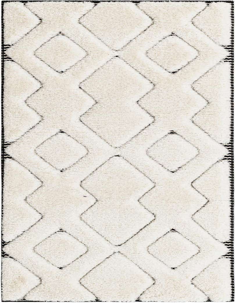 A soft ivory runner rug with a textured diamond pattern and black striped edges, perfect for a hallway.