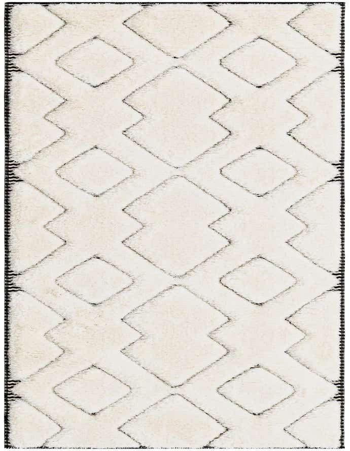 A 6 ft runner rug with a cream background and a black geometric diamond pattern, suitable for a hallway.