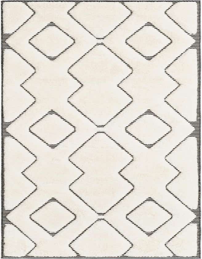 An 8 ft runner rug in ivory and cream with a textured black diamond pattern, ideal for a hallway.