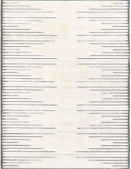 A 12 ft runner rug in ivory and cream with a modern, textured pattern of irregular black horizontal lines, ideal for a hallway.