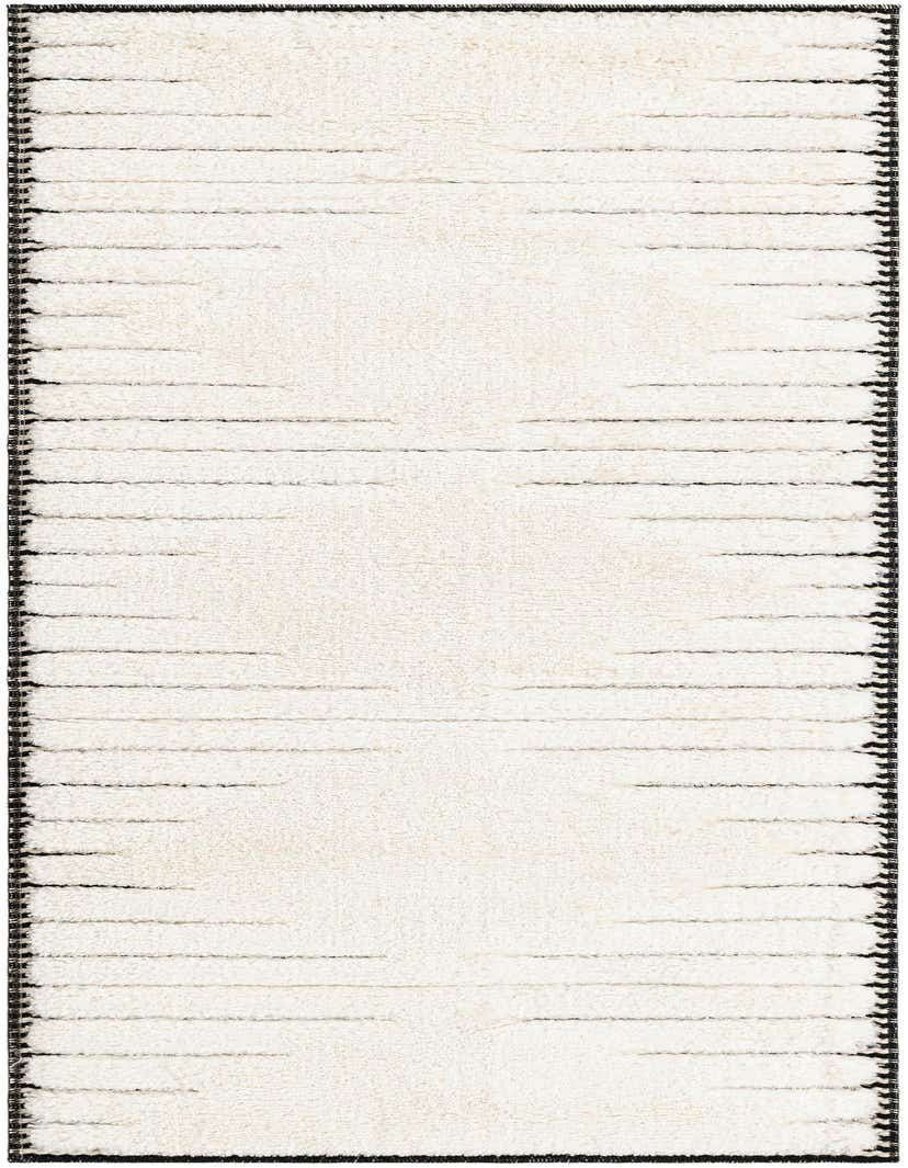 A 5 ft ivory runner rug with a textured medium pile and horizontal black striped pattern, ideal for a hallway.