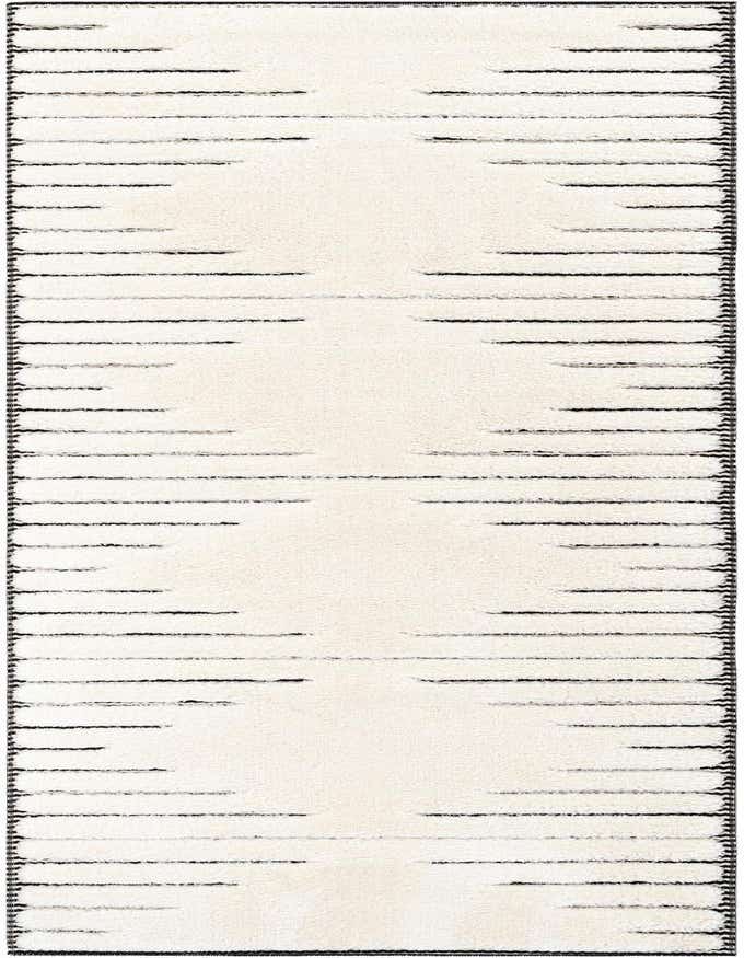 An 8 ft runner rug in ivory with a modern abstract pattern of horizontal black dashed lines, ideal for a hallway.