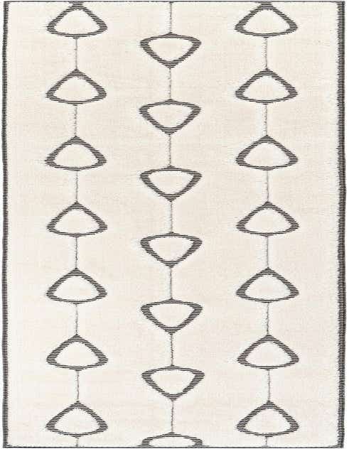 A 12 ft runner rug with an ivory background and a modern abstract pattern of connected black teardrop shapes, ideal for a hallway.