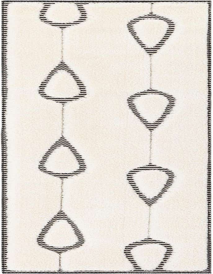 A 6 ft ivory runner rug with a modern black geometric pattern of linked teardrop and U-shapes, ideal for a hallway.