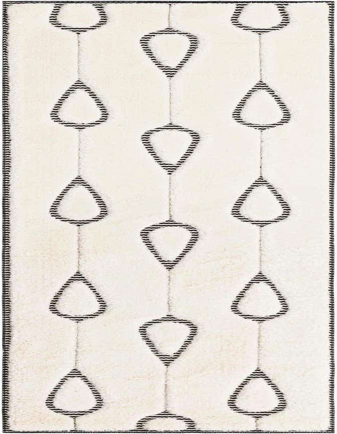 An 8 ft runner rug in ivory with a repeating pattern of black outlined teardrop shapes connected by thin black lines, perfect for a hallway.