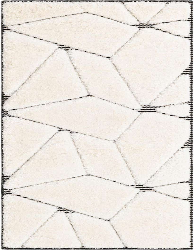 A 5 ft runner rug in ivory and cream with a textured geometric pattern and black accents, suitable for a hallway.