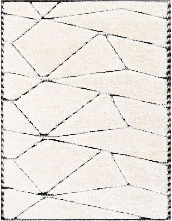 An 8 ft runner rug from the Prismatic collection, featuring an ivory and cream base with a modern geometric black line pattern and textured pile, ideal for hallways.