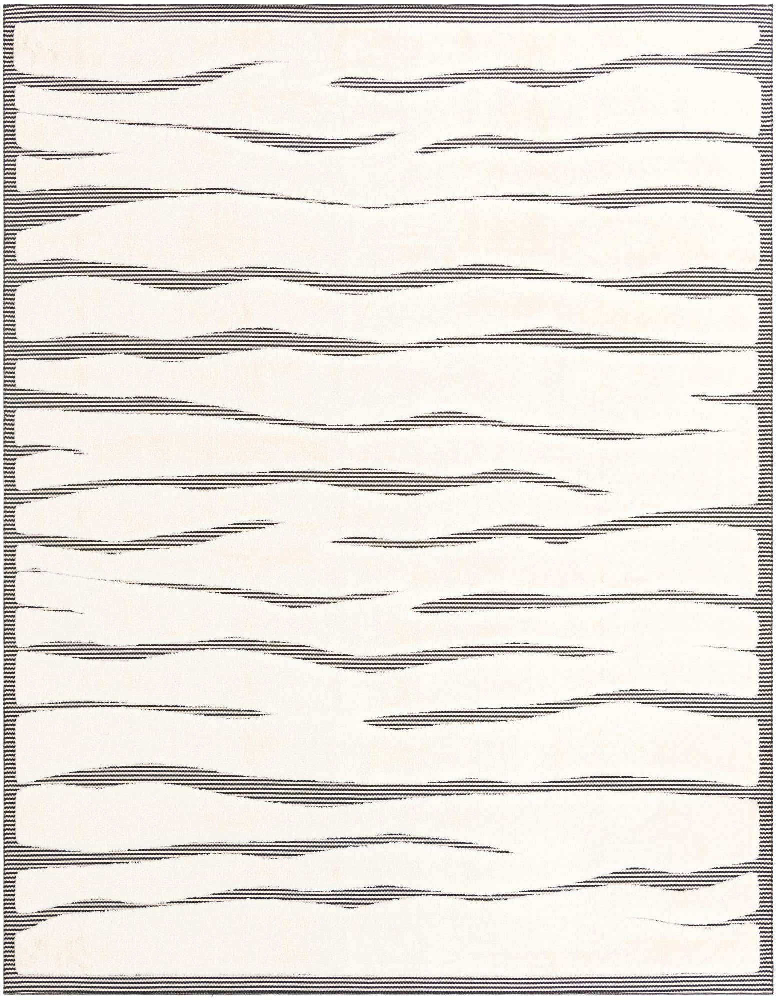 A 10'x10' square ivory and black rug with a textured, wavy striped pattern, ideal for modern indoor spaces.
