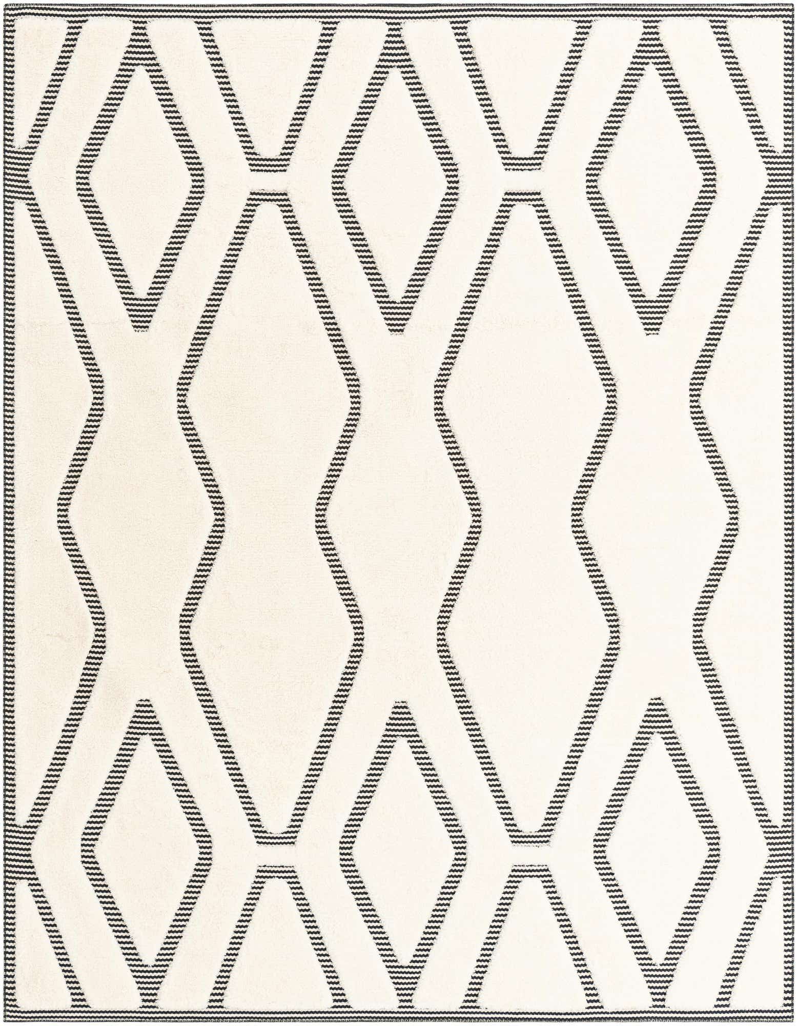 A square ivory and white rug featuring a bold, repeating geometric pattern of interconnected dark lines forming diamonds and elongated shapes.