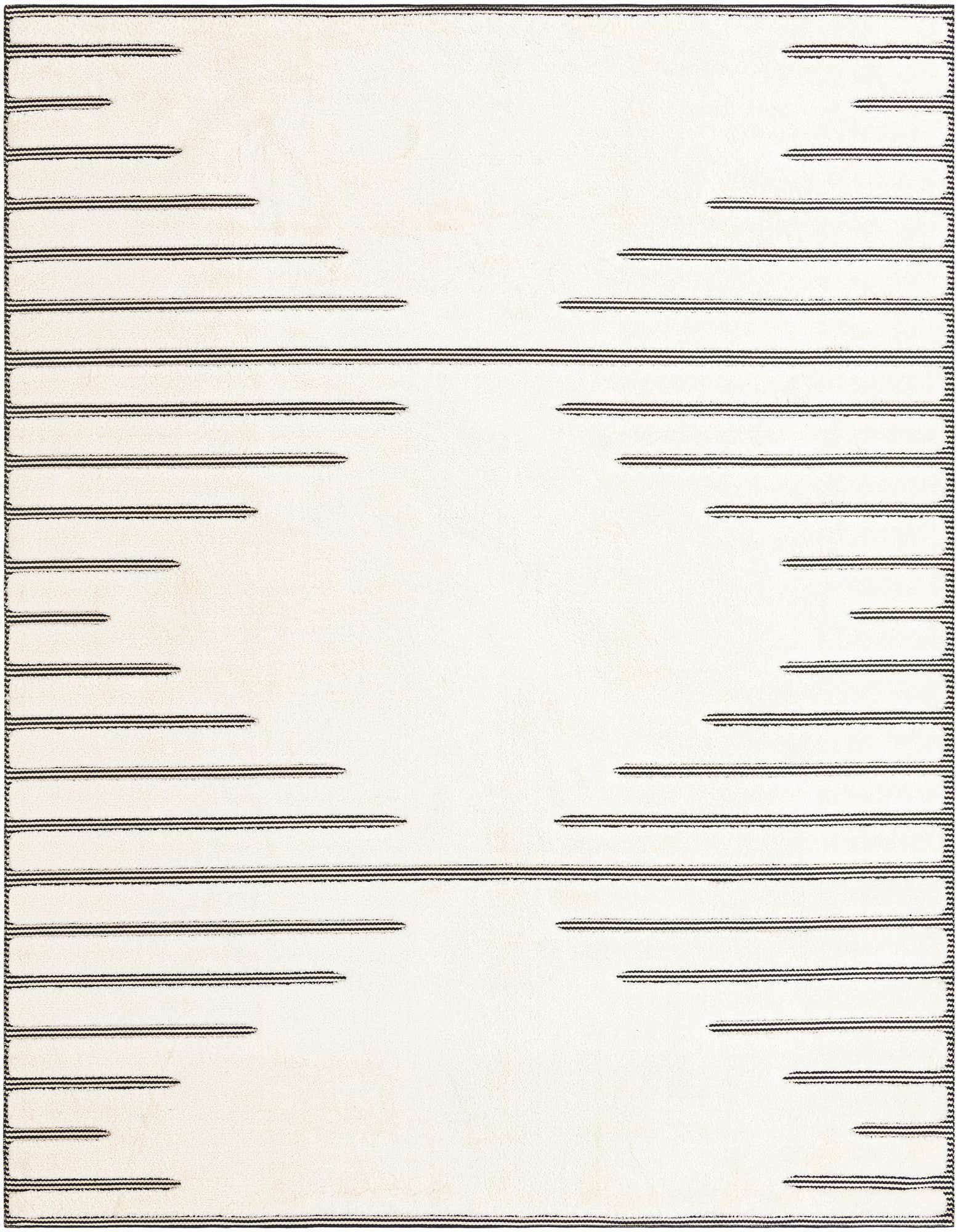 A 10x10 square ivory and cream rug with a modern abstract pattern of horizontal black lines on a white background.