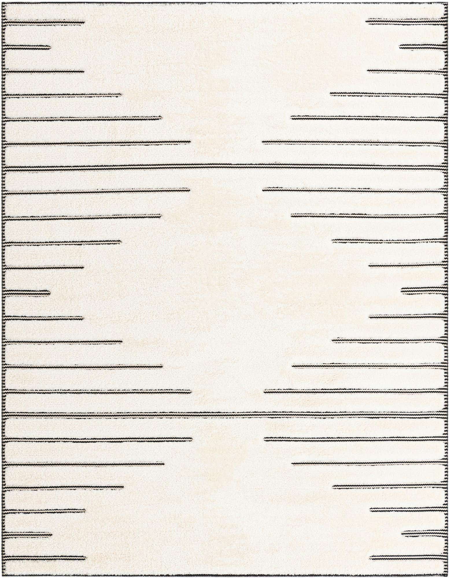 A square ivory and cream rug with a modern abstract pattern of horizontal black dashed lines on the left and right edges, suitable for an indoor space.