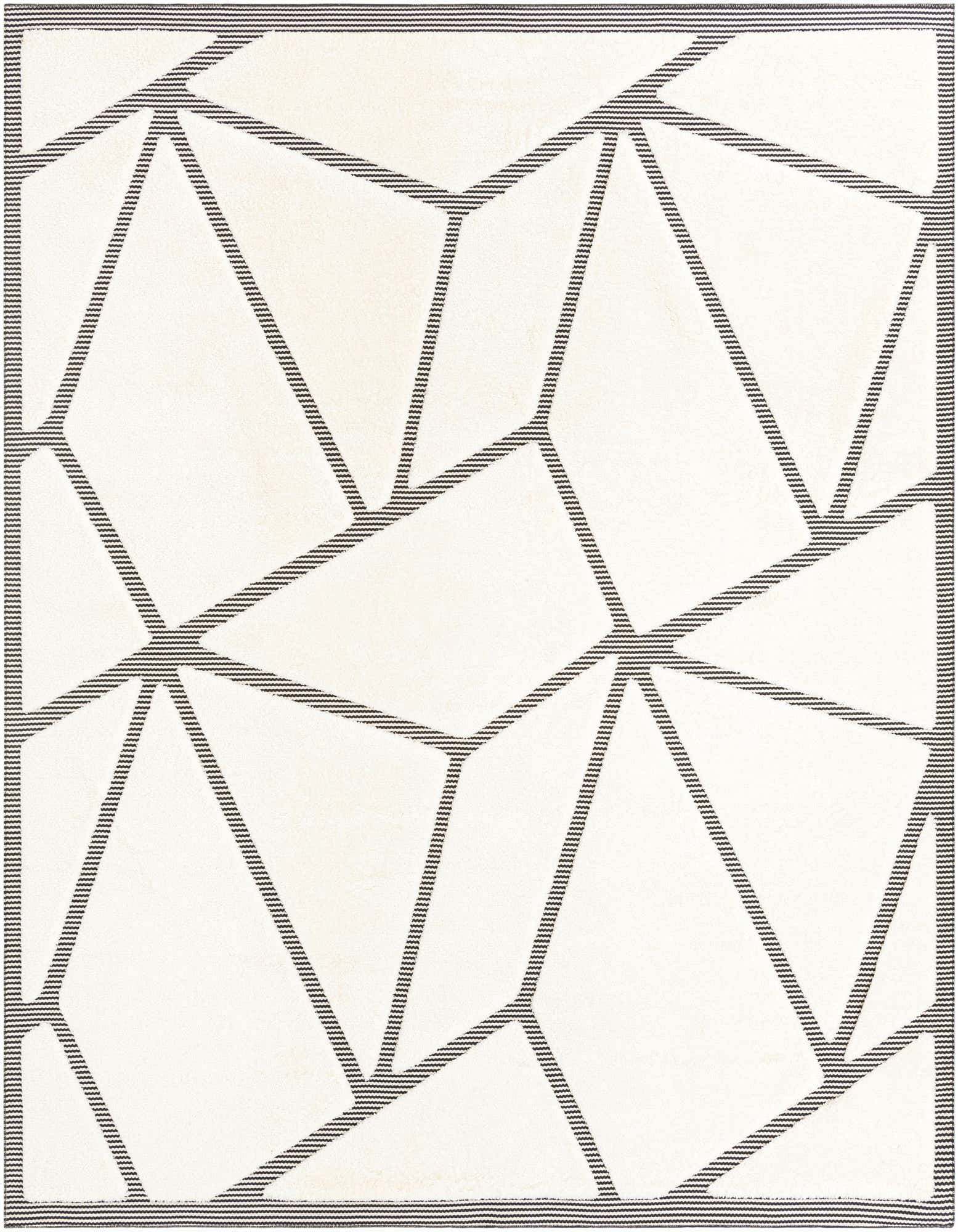 A 10'x10' square ivory and cream rug with a modern geometric pattern of thin black lines, suitable for an indoor patio.