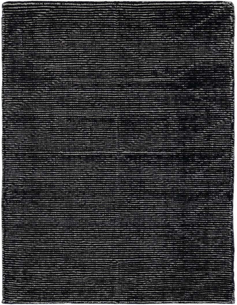 A 4x6 rectangular black wool rug with a textured stripe pattern, suitable for a modern living room or office.