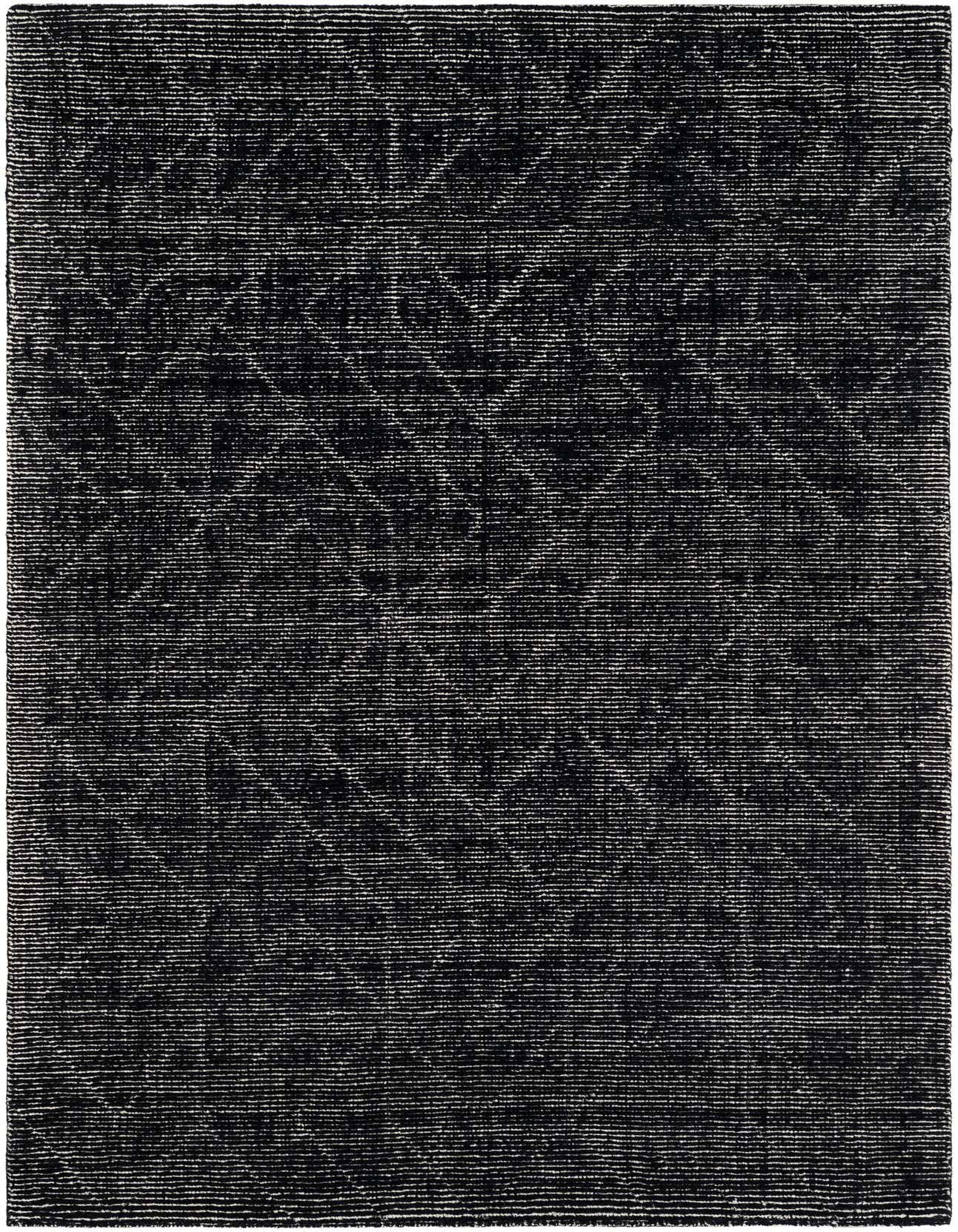A 5x8 rectangular black modern wool rug with a subtle textured stripe pattern, ideal for a living room or office.