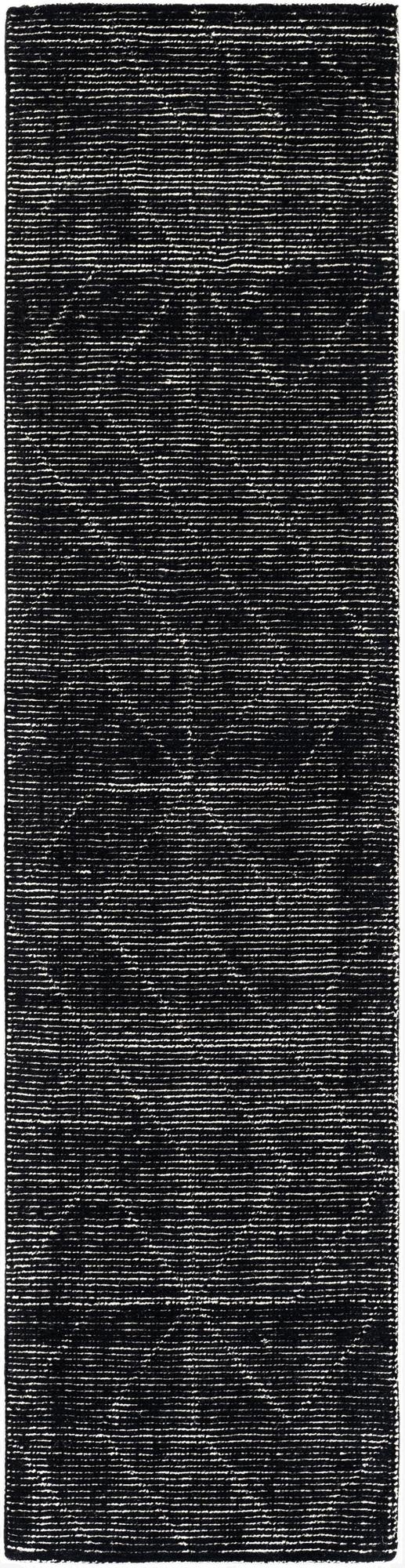 A black 8 ft runner rug with a subtle textured stripe pattern, ideal for a contemporary hallway.