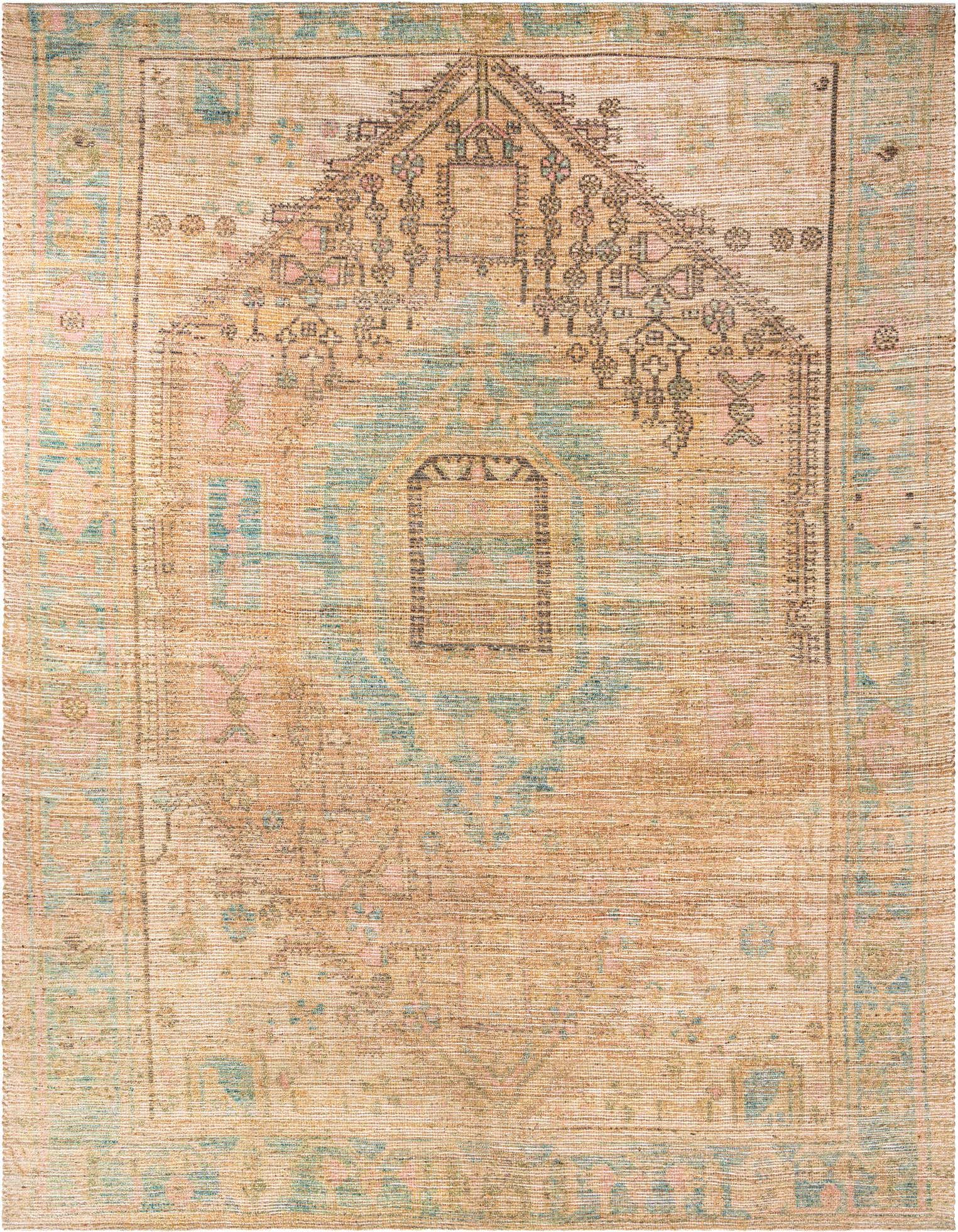 A 9x12 rectangular Khaki and Ivory Chenille Jute rug with a faded traditional Oriental medallion pattern.