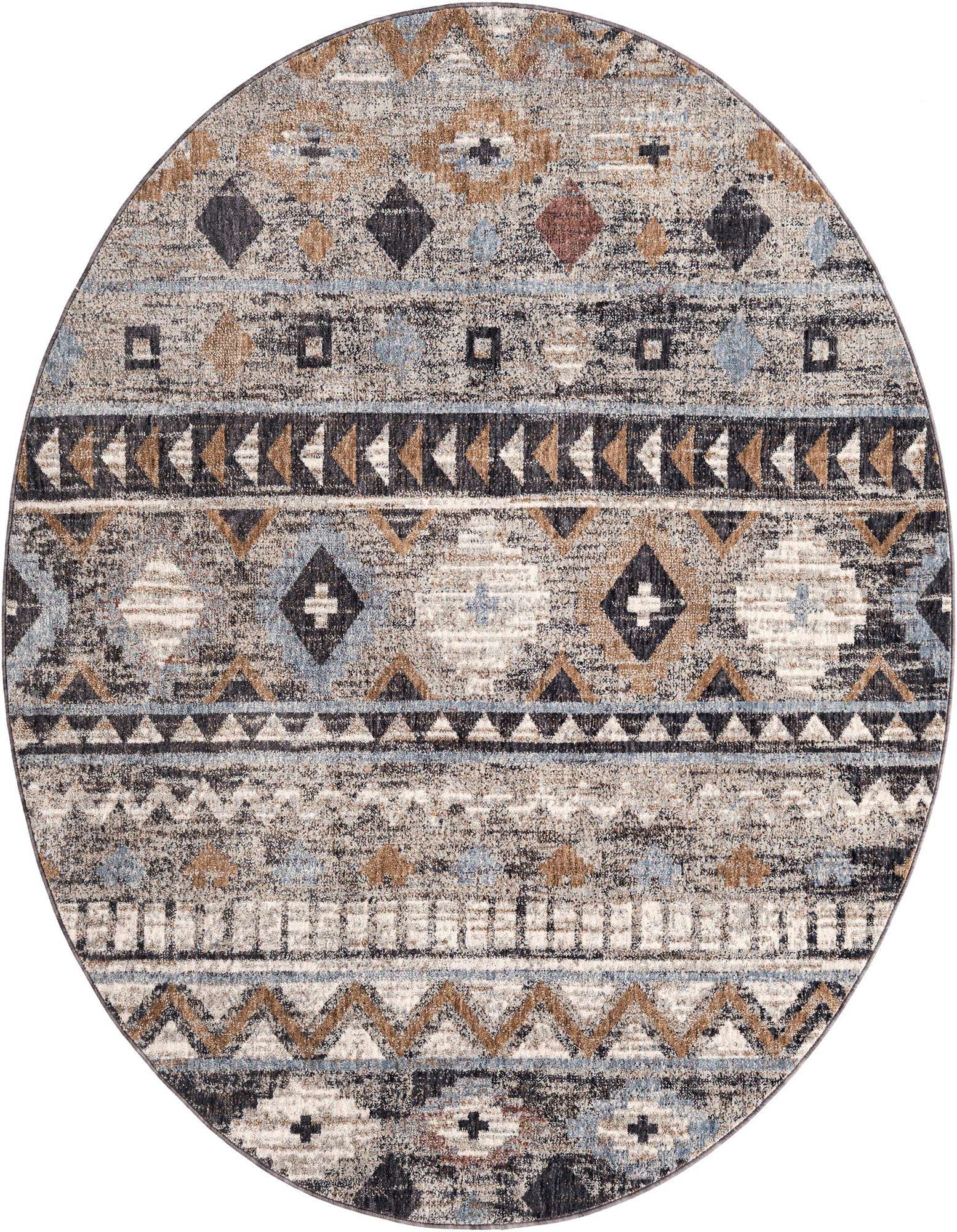 A 7' round Eco Southwestern rug featuring tribal patterns in browns, tans, grays, and blues.