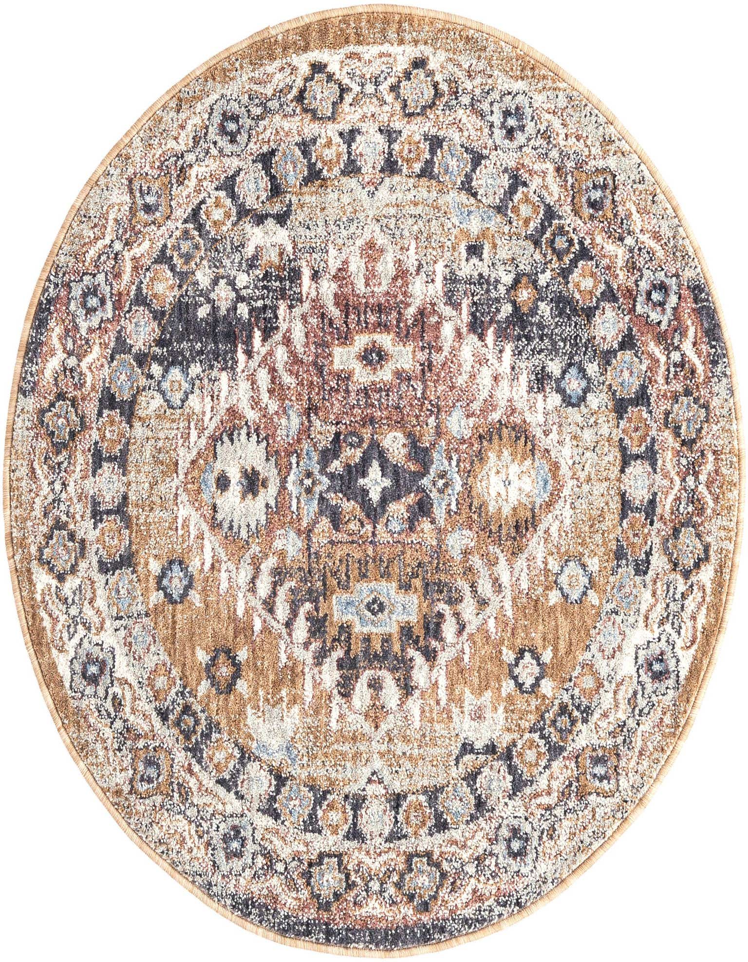 A 3' 3 round Eco Southwestern rug in browns, tans, and grays, featuring a distressed tribal medallion pattern.
