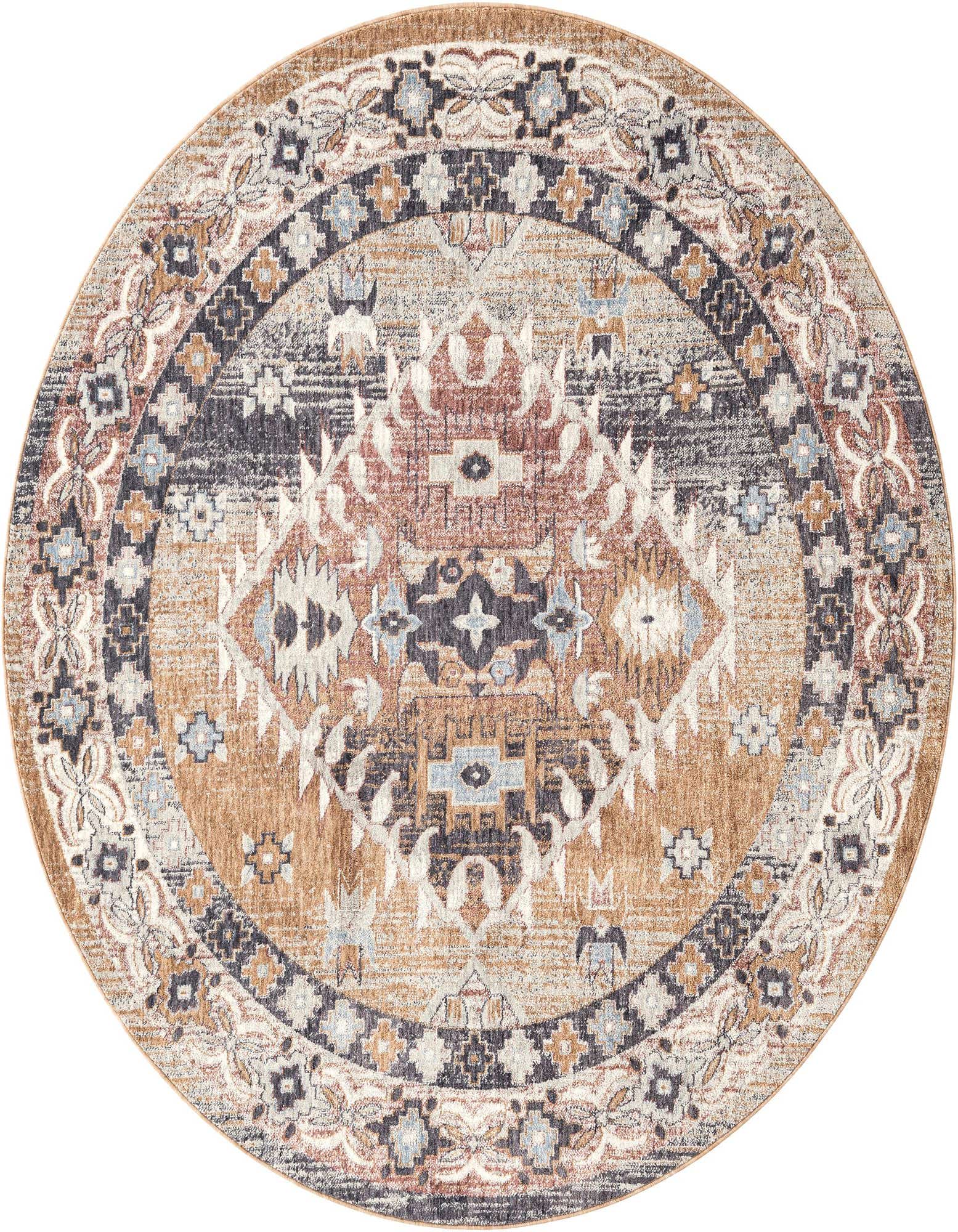 A 7' round Eco Southwestern rug featuring a distressed medallion pattern in browns, tans, grays, and hints of light blue.